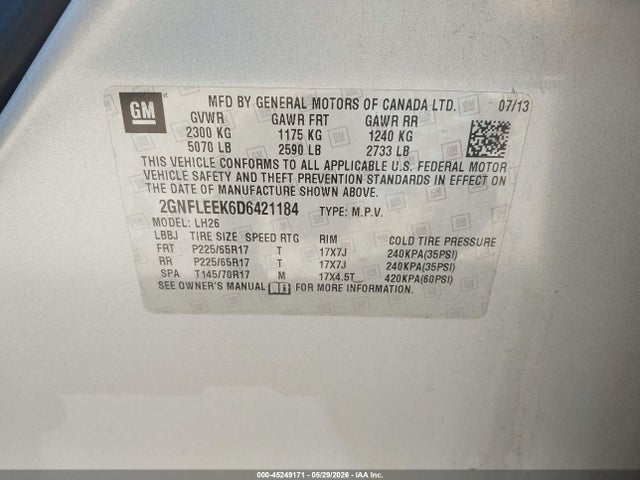 45249171 :رقم المزاد ، 2GNFLEEK6D6421184 vin ، 2013 Chevrolet Equinox 1lt مزاد بيع