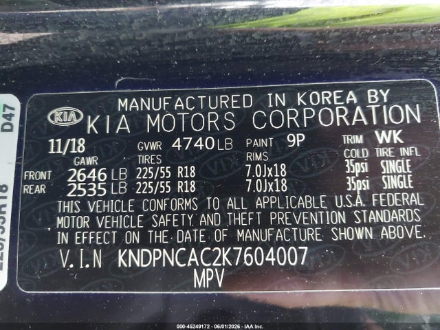 45249172 :رقم المزاد ، KNDPNCAC2K7604007 vin ، 2019 Kia Sportage Ex مزاد بيع
