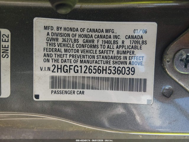 Продаж на аукціоні авто 2006 Honda Civic Lx, vin: 2HGFG12656H536039, номер лоту: 45249174