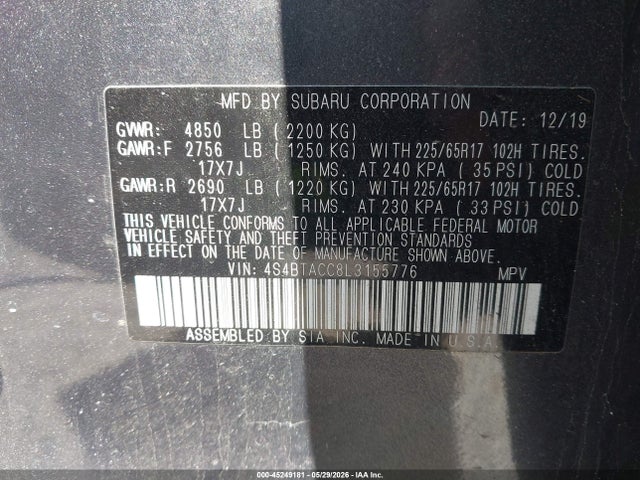 2020 Subaru Outback Premium მანქანა იყიდება აუქციონზე, vin: 4S4BTACC8L3155776, აუქციონის ნომერი: 45249181
