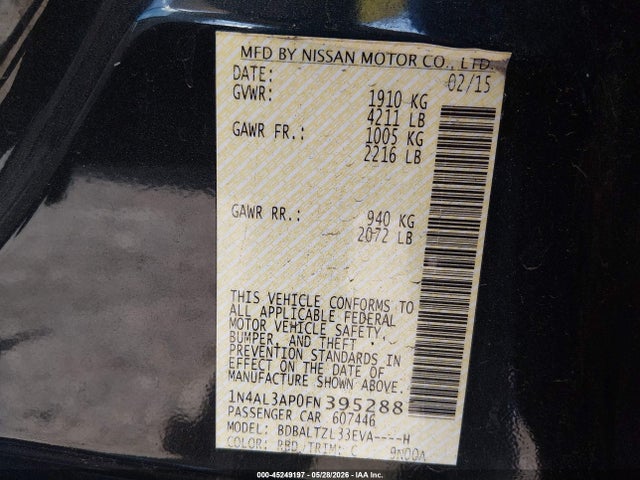 Auction sale of the 2015 Nissan Altima 2.5 Sl, vin: 1N4AL3AP0FN395288, lot number: 45249197
