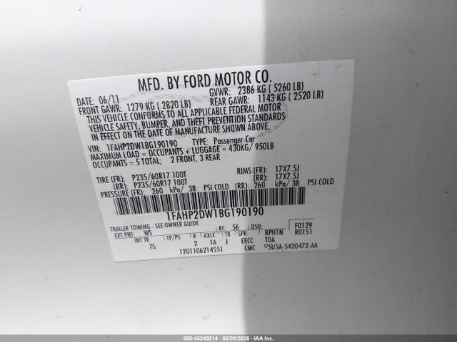Aukcja sprzedaży 2011 Ford Taurus Se, vin: 1FAHP2DW1BG190190, numer aukcji: 45249214