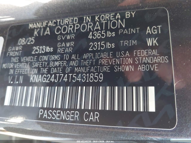 Продажа на аукционе авто 2026 Kia K5 Lxs Fwd, vin: KNAG24J74T5431859, номер лота: 45249220
