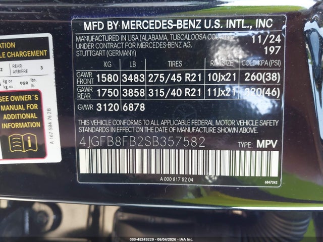 2025 Mercedes-benz Gle 580 4matic მანქანა იყიდება აუქციონზე, vin: 4JGFB8FB2SB357582, აუქციონის ნომერი: 45249229