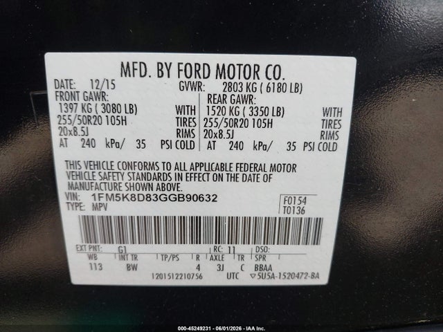 Aukcja sprzedaży 2016 Ford Explorer Xlt, vin: 1FM5K8D83GGB90632, numer aukcji: 45249231