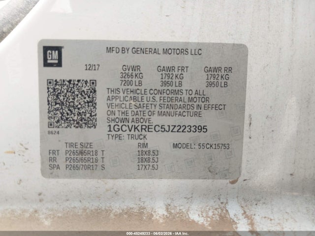 45249233 :رقم المزاد ، 1GCVKREC5JZ223395 vin ، 2018 Chevrolet Silverado 1500 1lt مزاد بيع