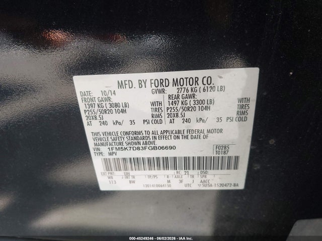 Продажа на аукционе авто 2015 Ford Explorer Xlt, vin: 1FM5K7D83FGB06690, номер лота: 45249246