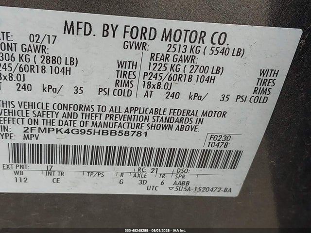 Aukcja sprzedaży 2017 Ford Edge Se, vin: 2FMPK4G95HBB58781, numer aukcji: 45249255
