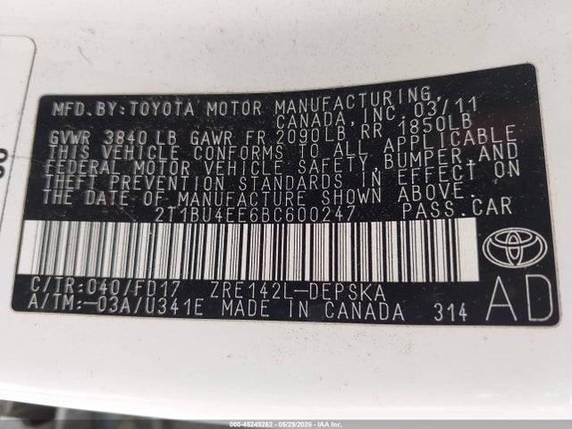 2011 Toyota Corolla S მანქანა იყიდება აუქციონზე, vin: 2T1BU4EE6BC600247, აუქციონის ნომერი: 45249262