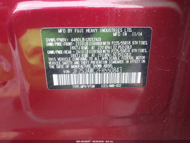 Auction sale of the 2015 Subaru Forester 2.5i Touring, vin: JF2SJAWC2FH550843, lot number: 45249267