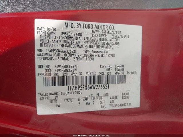 45249270 :رقم المزاد ، 1FAHP3FN6AW276531 vin ، 2010 Ford Focus Se مزاد بيع