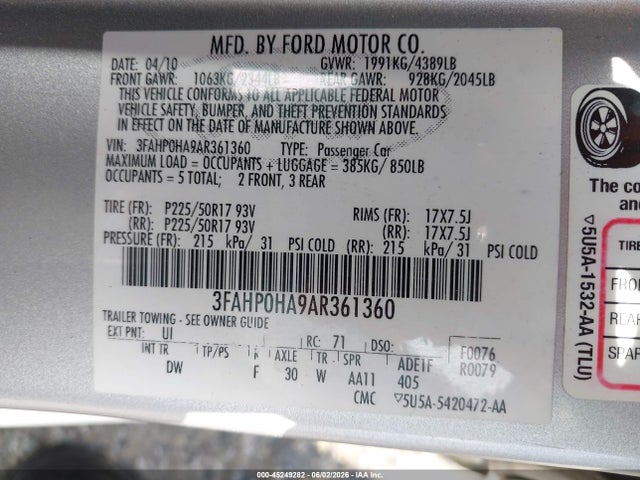 Aukcja sprzedaży 2010 Ford Fusion Se, vin: 3FAHP0HA9AR361360, numer aukcji: 45249282