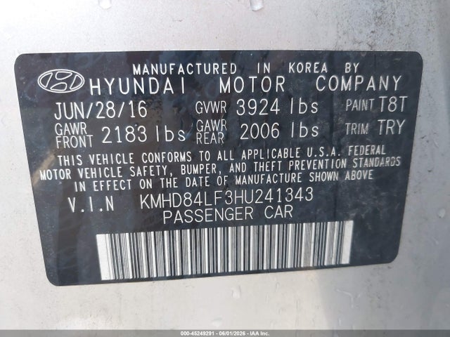 Aukcja sprzedaży 2017 Hyundai Elantra Value Edition, vin: KMHD84LF3HU241343, numer aukcji: 45249291