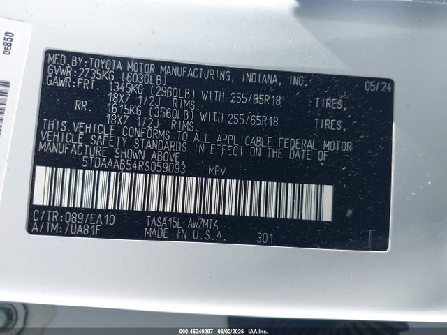 Продажа на аукционе авто 2024 Toyota Grand Highlander Xle, vin: 5TDAAAB54RS059093, номер лота: 45249297