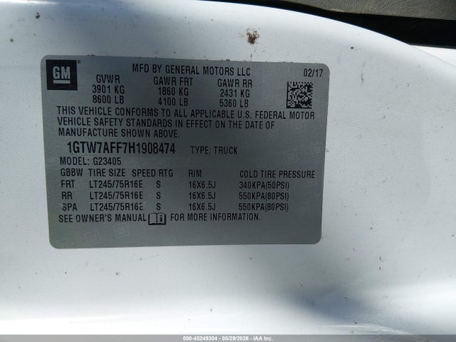 Aukcja sprzedaży 2017 Gmc Savana 2500 Work Van, vin: 1GTW7AFF7H1908474, numer aukcji: 45249304