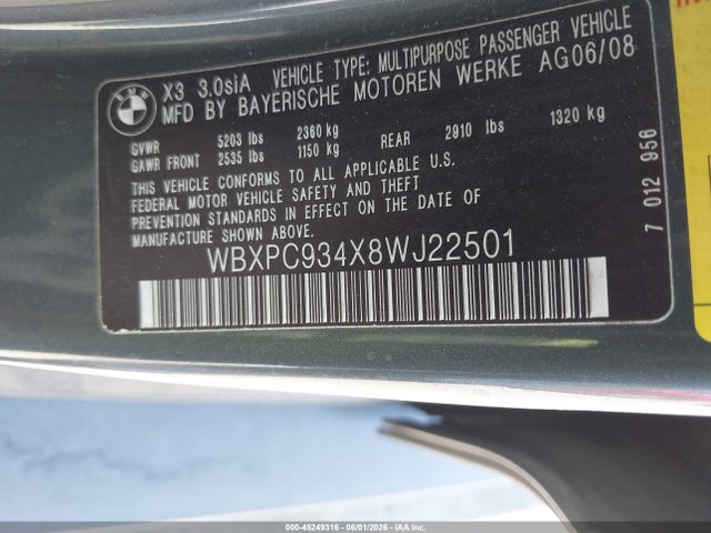 2008 Bmw X3 3.0si მანქანა იყიდება აუქციონზე, vin: WBXPC934X8WJ22501, აუქციონის ნომერი: 45249316