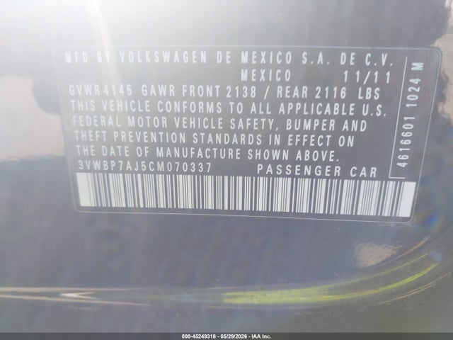 45249318 :رقم المزاد ، 3VWBP7AJ5CM070337 vin ، 2012 Volkswagen Jetta 2.5l Se مزاد بيع