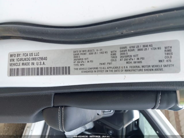 Продаж на аукціоні авто 2021 Jeep Grand Cherokee L Overland 4x4, vin: 1C4RJKDG1M8129640, номер лоту: 45249336