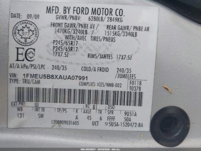 Aukcja sprzedaży 2010 Ford Explorer Sport Trac Xlt, vin: 1FMEU5B8XAUA07991, numer aukcji: 45249351