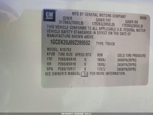 Aukcja sprzedaży 2009 Chevrolet Silverado 1500 Lt, vin: 1GCEK29J89Z289502, numer aukcji: 45249373