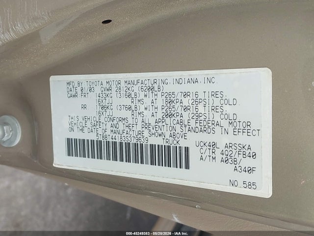 2003 Toyota Tundra Sr5 V8 მანქანა იყიდება აუქციონზე, vin: 5TBBT44183S379639, აუქციონის ნომერი: 45249383