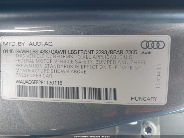 Aukcja sprzedaży 2015 Audi A3 1.8t Premium, vin: WAUACGFF2F1130118, numer aukcji: 45249400