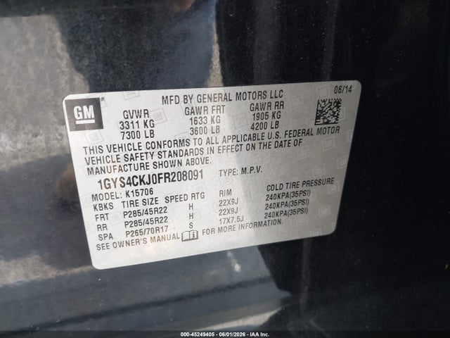 45249405 :رقم المزاد ، 1GYS4CKJ0FR208091 vin ، 2015 Cadillac Escalade Premium مزاد بيع