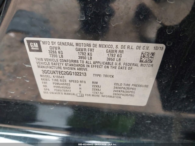 Aukcja sprzedaży 2016 Chevrolet Silverado 1500 High Country, vin: 3GCUKTEC2GG102213, numer aukcji: 45249443