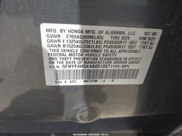 Aukcja sprzedaży 2010 Honda Pilot Ex-l, vin: 5FNYF4H5XAB031087, numer aukcji: 45249466