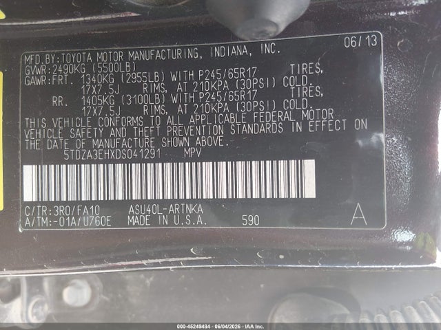 2013 Toyota Highlander Base Plus მანქანა იყიდება აუქციონზე, vin: 5TDZA3EHXDS041291, აუქციონის ნომერი: 45249484