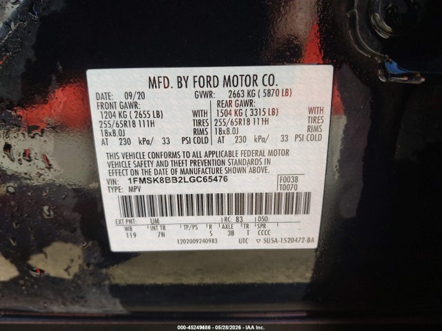 Продажа на аукционе авто 2020 Ford Explorer, vin: 1FMSK8BB2LGC65476, номер лота: 45249486