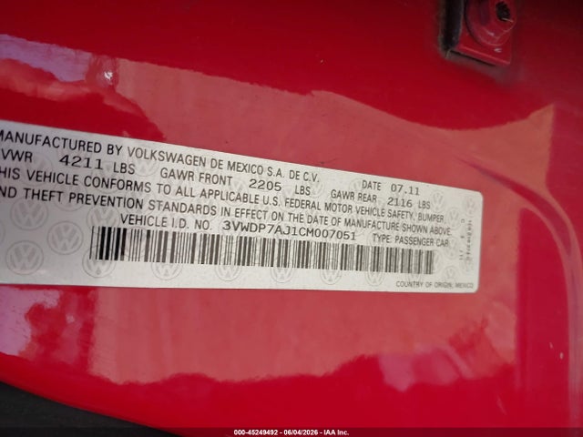 Продажа на аукционе авто 2012 Volkswagen Jetta 2.5l Se, vin: 3VWDP7AJ1CM007051, номер лота: 45249492