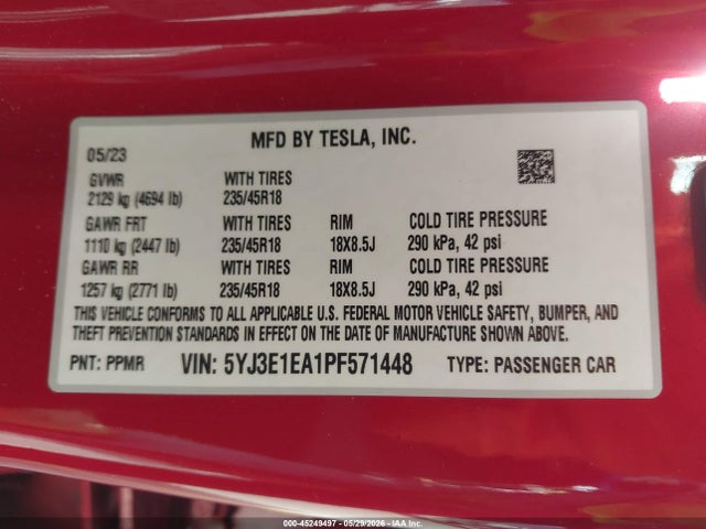 2023 Tesla Model 3 Rear-wheel Drive მანქანა იყიდება აუქციონზე, vin: 5YJ3E1EA1PF571448, აუქციონის ნომერი: 45249497