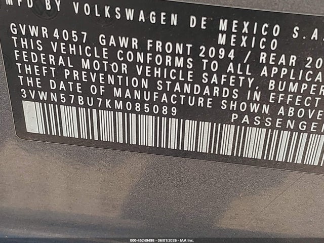 2019 Volkswagen Jetta 1.4t S მანქანა იყიდება აუქციონზე, vin: 3VWN57BU7KM085089, აუქციონის ნომერი: 45249498