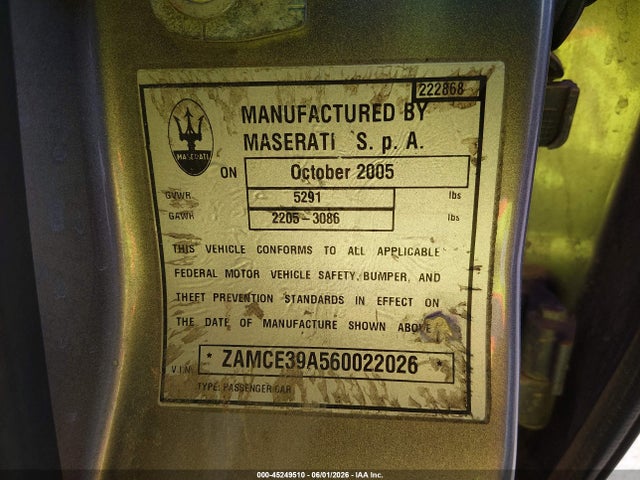 45249510 :رقم المزاد ، ZAMCE39A560022026 vin ، 2006 Maserati Quattroporte Executive Gt/sport Gt مزاد بيع