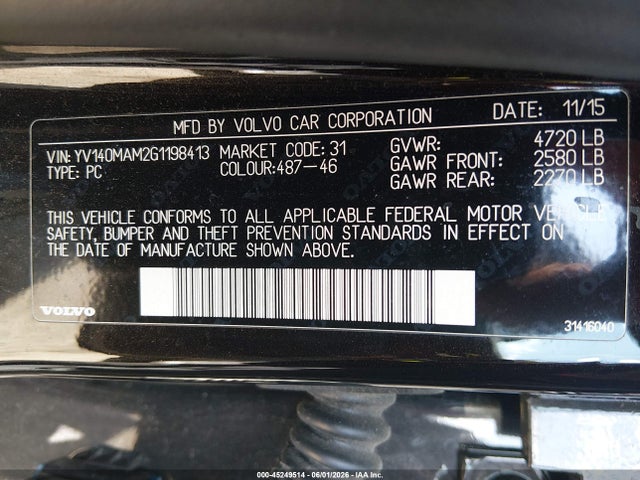 45249514 :رقم المزاد ، YV140MAM2G1198413 vin ، 2016 Volvo S80 T5 Drive-e Platinum مزاد بيع