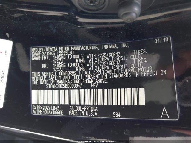 2011 Toyota Sienna Xle V6 მანქანა იყიდება აუქციონზე, vin: 5TDYK3DC5BS003947, აუქციონის ნომერი: 45249519