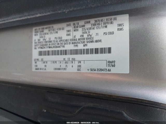 45249529 :رقم المزاد ، 1FMZK1YM4JKB44716 vin ، 2018 Ford Transit-150 Xl مزاد بيع