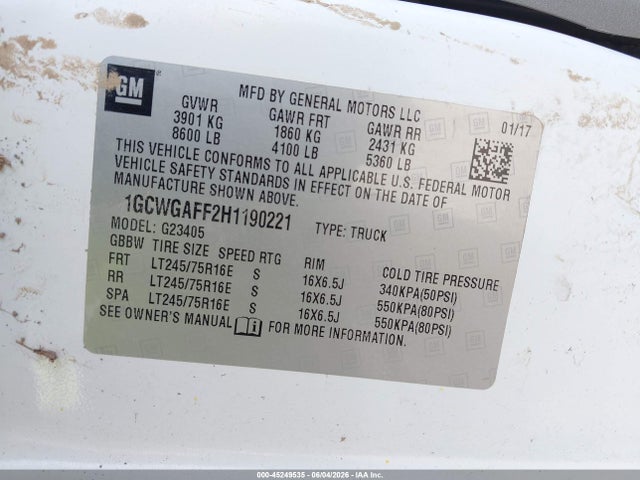 Продаж на аукціоні авто 2017 Chevrolet Express 2500 Work Van, vin: 1GCWGAFF2H1190221, номер лоту: 45249535
