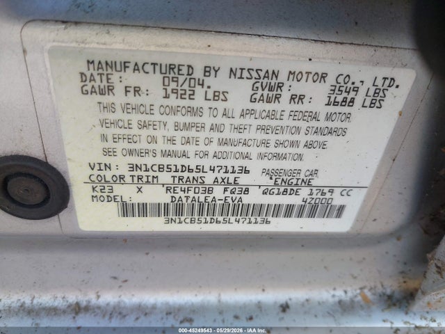 Продажа на аукционе авто 2005 Nissan Sentra 1.8s, vin: 3N1CB51D65L471136, номер лота: 45249543