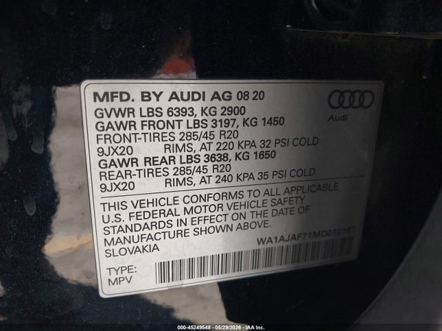 Aukcja sprzedaży 2021 Audi Q7 Premium 45 Tfsi Quattro Tiptronic, vin: WA1AJAF71MD010167, numer aukcji: 45249548