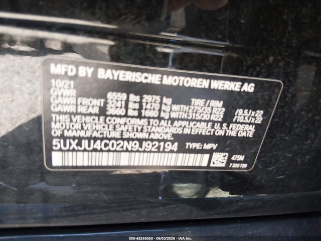 Aukcja sprzedaży 2022 Bmw X5 M50i, vin: 5UXJU4C02N9J92194, numer aukcji: 45249560
