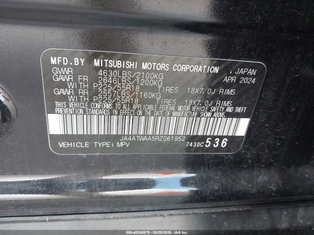 45249579 :رقم المزاد ، JA4ATWAA5RZ061952 vin ، 2024 Mitsubishi Eclipse Cross Se S-awc/sel S-awc مزاد بيع