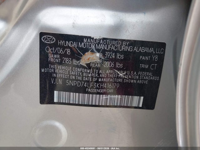 Aukcja sprzedaży 2019 Hyundai Elantra Se, vin: 5NPD74LF3KH416179, numer aukcji: 45249591