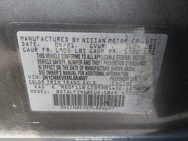 2021 Nissan Versa Sv Xtronic Cvt მანქანა იყიდება აუქციონზე, vin: 3N1CN8EVXML884607, აუქციონის ნომერი: 45249611