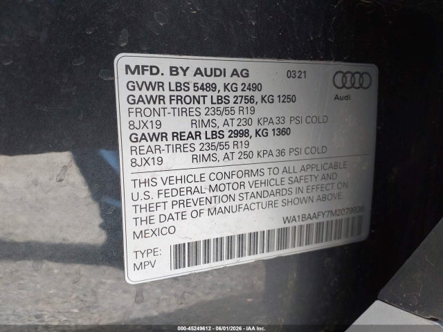 WA1BAAFY7M2079938 Audi Q5 Premium Plus 45 Tfsi Quattro S Tronic
