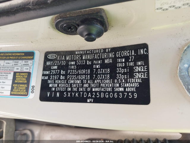 45249623 :رقم المزاد ، 5XYKTDA25BG063759 vin ، 2011 Kia Sorento Lx V6 مزاد بيع