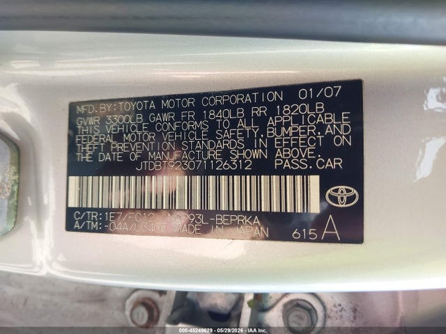 45249629 :رقم المزاد ، JTDBT923071126312 vin ، 2007 Toyota Yaris مزاد بيع