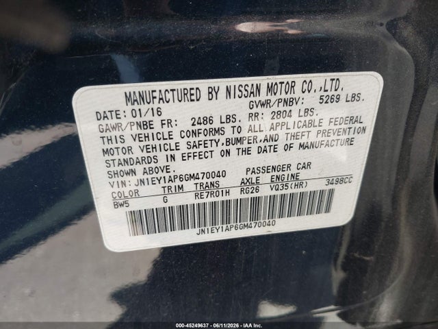 45249637 :رقم المزاد ، JN1EY1AP6GM470040 vin ، 2016 Infiniti Q70h مزاد بيع