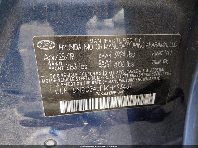 Auction sale of the 2019 Hyundai Elantra Se, vin: 5NPD74LF1KH493407, lot number: 45249640
